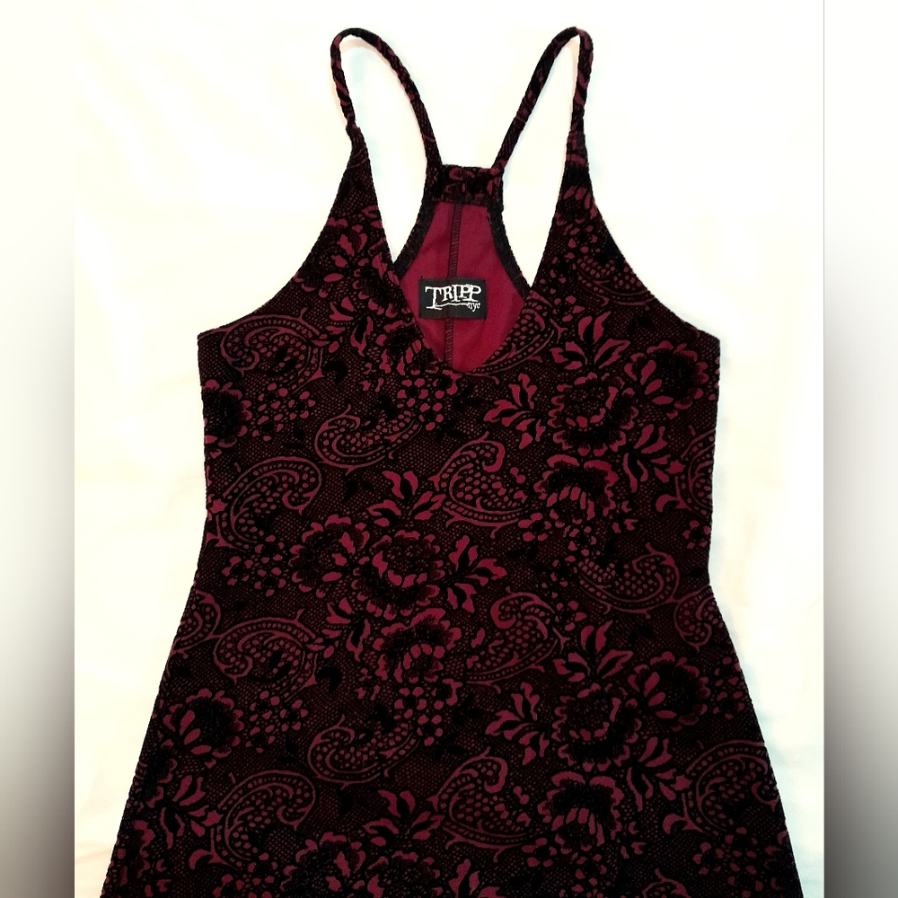Tripp NYC Burgundy Flocked Velvet Racer Back Dress